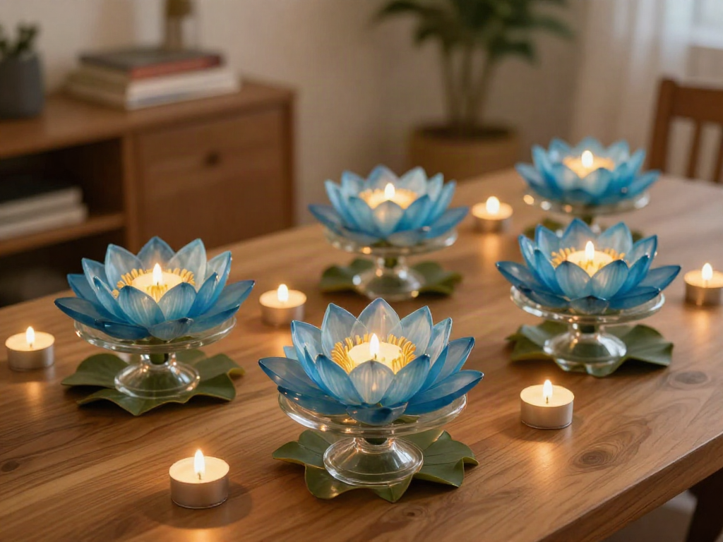 Layered plastic spoons create graceful water lilies, while metallic blue paint and tea lights add a soft glowing finish. 9 Layered plastic spoons create graceful water lilies, while metallic blue paint and tea lights add a soft glowing finish.