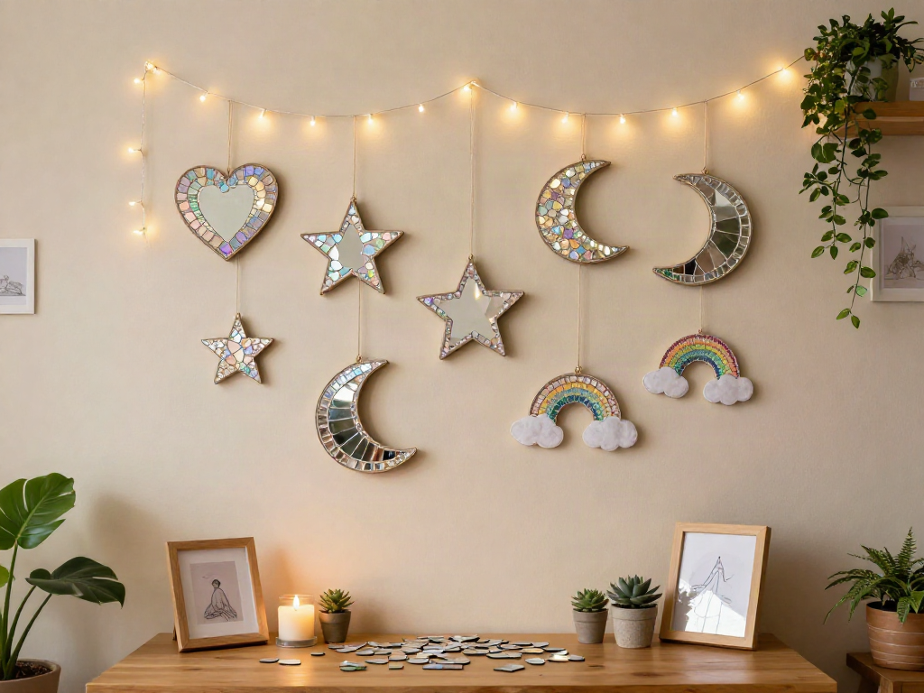 Old CDs become shimmering mosaic pieces around a simple mirror for a bright, reflective wall accent. 9 Old CDs become shimmering mosaic pieces around a simple mirror for a bright, reflective wall accent.