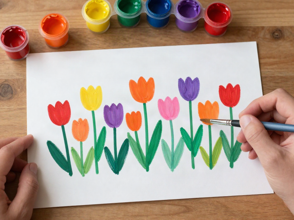 A plastic fork stamps rows of bright tulips, creating a cheerful garden scene with simple painted stems and leaves. 9 A plastic fork stamps rows of bright tulips, creating a cheerful garden scene with simple painted stems and leaves.