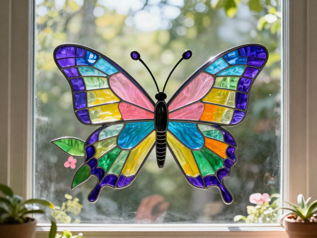 Simple outlines and translucent colors create the look of stained glass without the need for real glass pieces. 9 Simple outlines and translucent colors create the look of stained glass without the need for real glass pieces.
