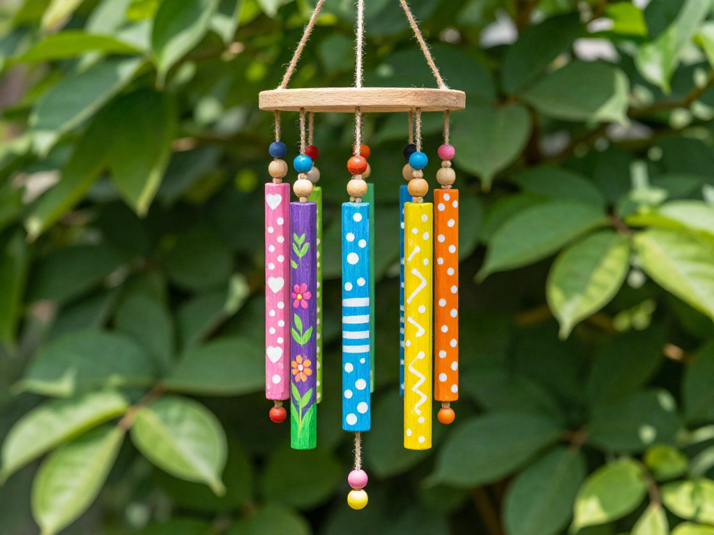 Painted craft sticks, beads, and twine come together in a lively wind chime that adds color and gentle movement to an outdoor space. A fun project to try this weekend. #StickWindChime #BeadCraft #Outdoor 9 Painted craft sticks, beads, and twine come together in a lively wind chime that adds color and gentle movement to an outdoor space. A fun project to try this weekend. #StickWindChime #BeadCraft #Outdoor