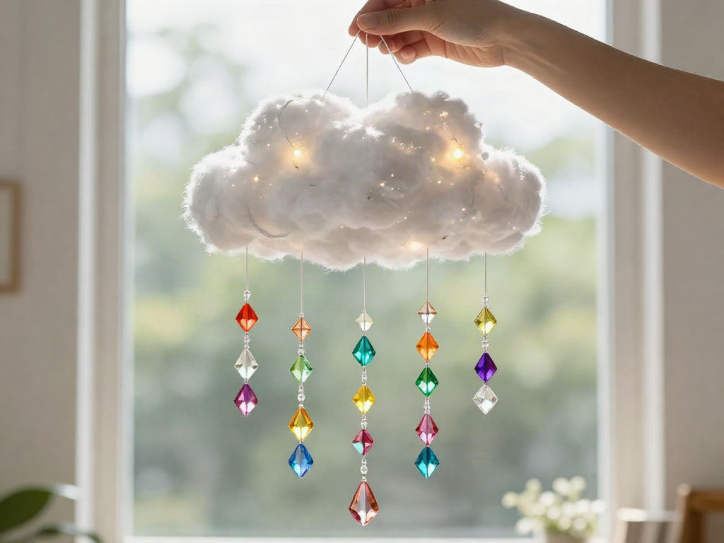 A fluffy cardboard cloud becomes a glowing rainbow mobile with crystal beads, fishing line, and soft fairy lights. 9 A fluffy cardboard cloud becomes a glowing rainbow mobile with crystal beads, fishing line, and soft fairy lights.
