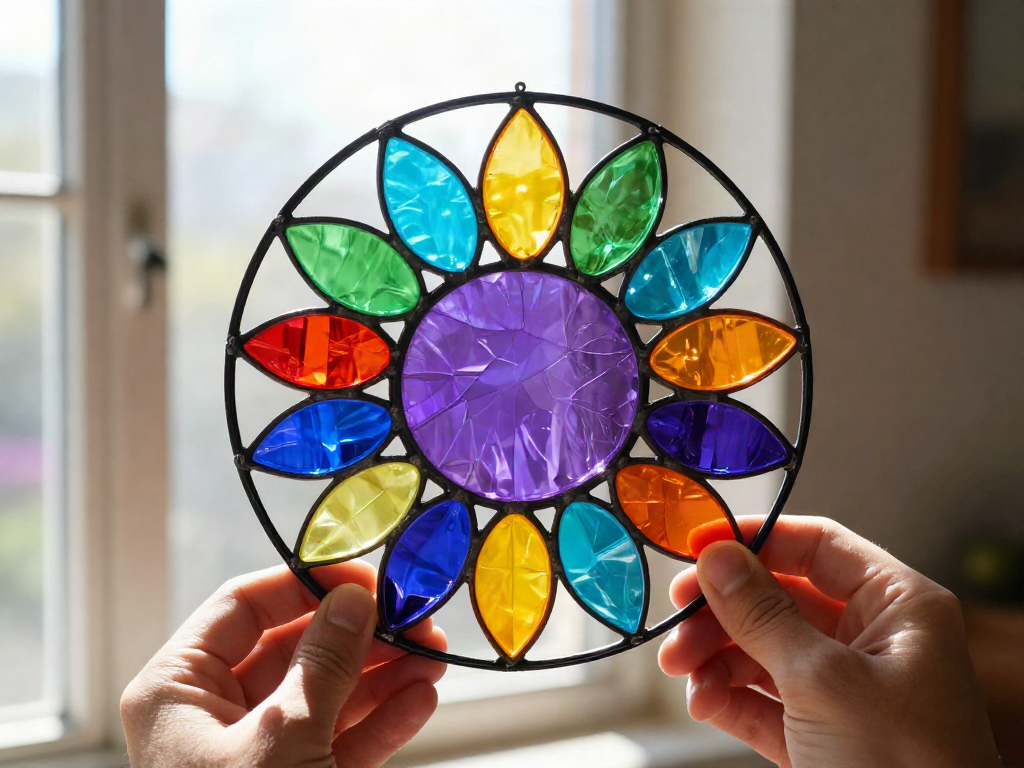 Recycled plastic lids become colorful sun catchers with translucent designs that glow when placed in a sunny window. 9 Recycled plastic lids become colorful sun catchers with translucent designs that glow when placed in a sunny window.