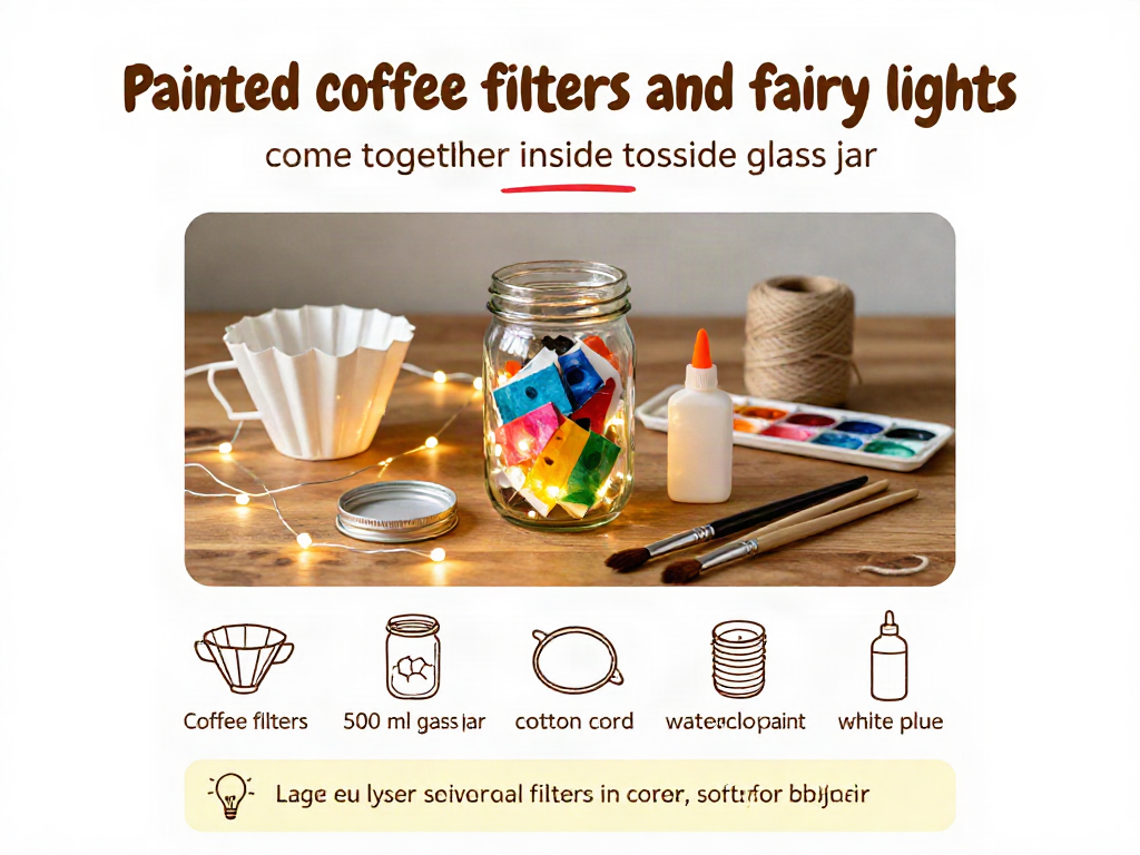 Painted coffee filters and fairy lights come together inside a glass jar to create a glowing jellyfish display with a soft underwater feel. Perfect for your next craft day. 7 Painted coffee filters and fairy lights come together inside a glass jar to create a glowing jellyfish display with a soft underwater feel. Perfect for your next craft day.