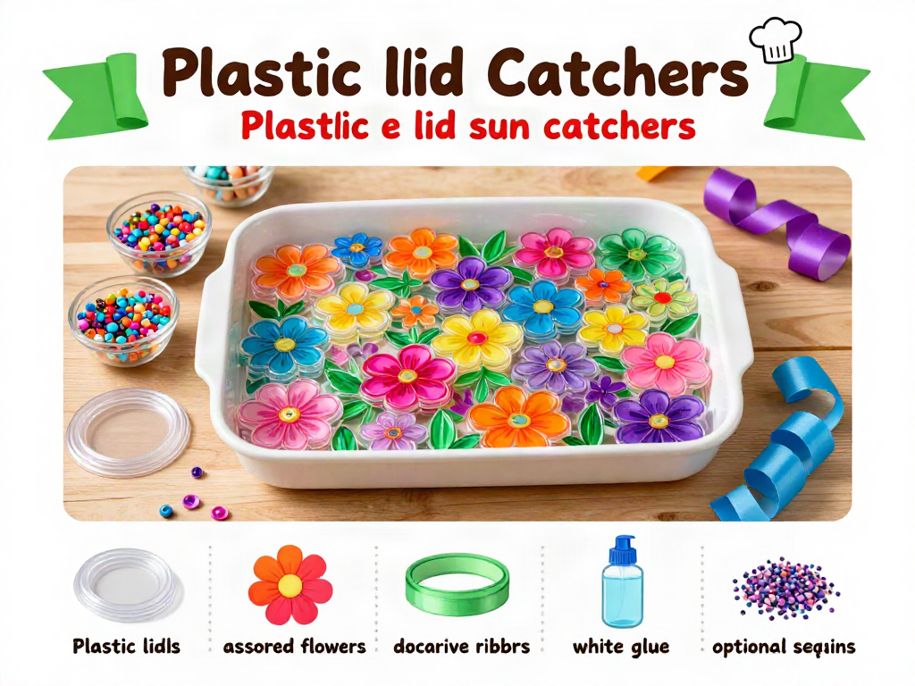 Colorful plastic lids transform into bright suncatchers that fill sunny windows with playful shapes and vibrant colors. 3 Colorful plastic lids transform into bright suncatchers that fill sunny windows with playful shapes and vibrant colors.