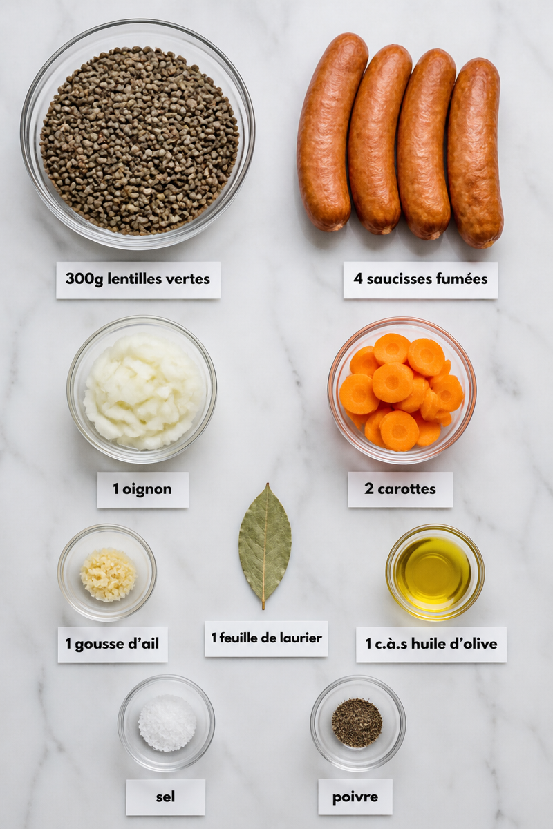 Lentilles saucisses fumées mijotées maison