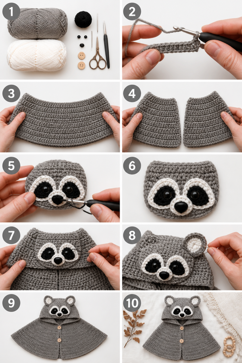 Crochet Baby Raccoon Hooded Cape