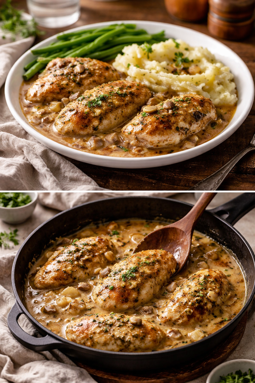 Creamy Garlic Chicken Recipe with Gravy and Mashed Potatoes | Creamy Garlic Chicken Dinner, Garlic Chicken and Mashed Potatoes, Saucy Chicken and Mushrooms