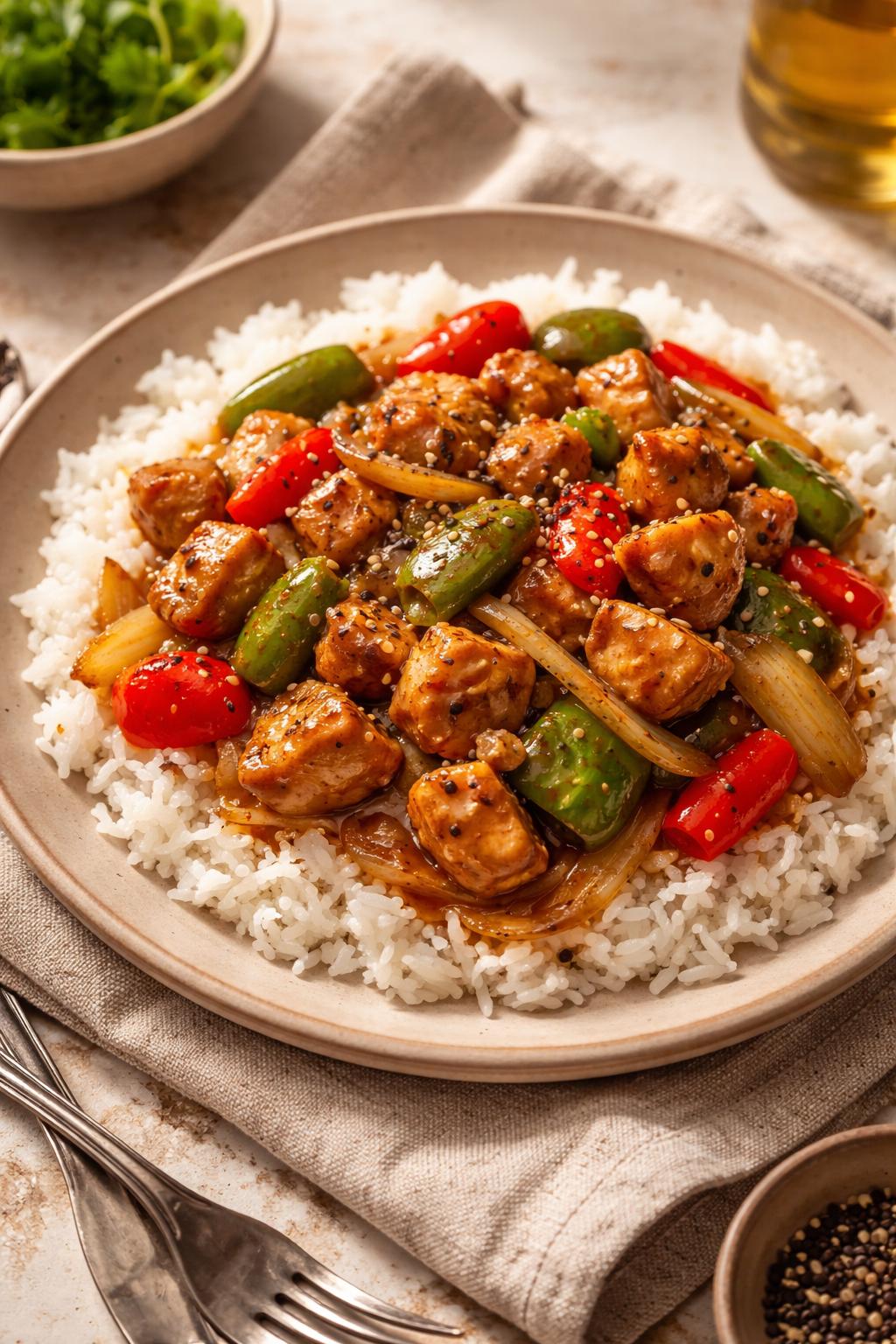 Black Pepper Chicken with Peppers and Onions | Family Dinner Ideas with Peppers, Easy Chicken Rice Pepper Recipes, Easy Black Pepper Chicken