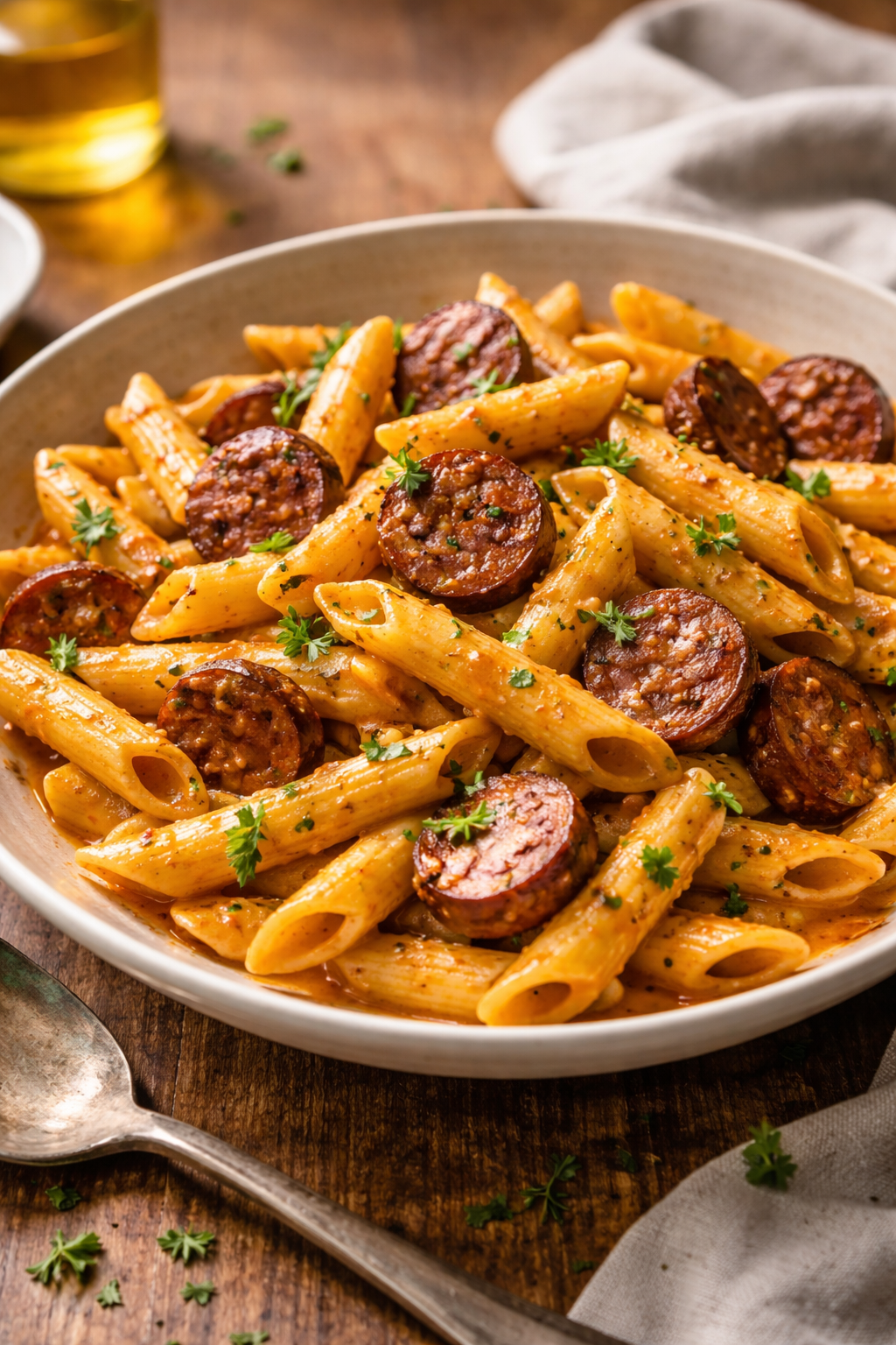 Creamy Spicy Cajun Sausage Pasta Quick Weeknight Dinner Idea
