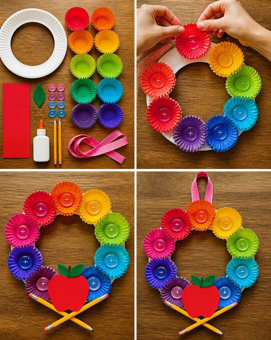 Rainbow Apple Cupcake-Liner Flower Wreath Craft for Kids