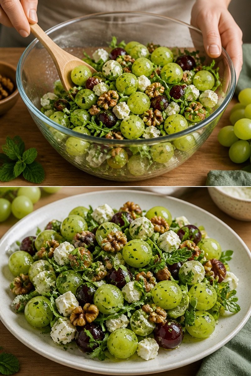 Grüner Trauben-Salat mit FetaZutaten
- 500 g grüne Trauben, halbiert
- 200 g Feta-Käse, zerbröselt
- 100 g Rucola
- 50 g Walnüsse, grob gehackt
- 3 EL Olivenöl
- 1 EL Balsamico-Ess...