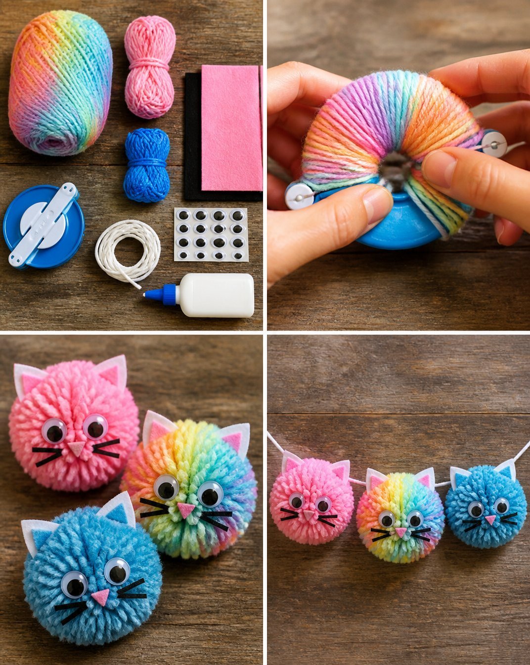 Rainbow Yarn Kitten Pom-Pom Garland