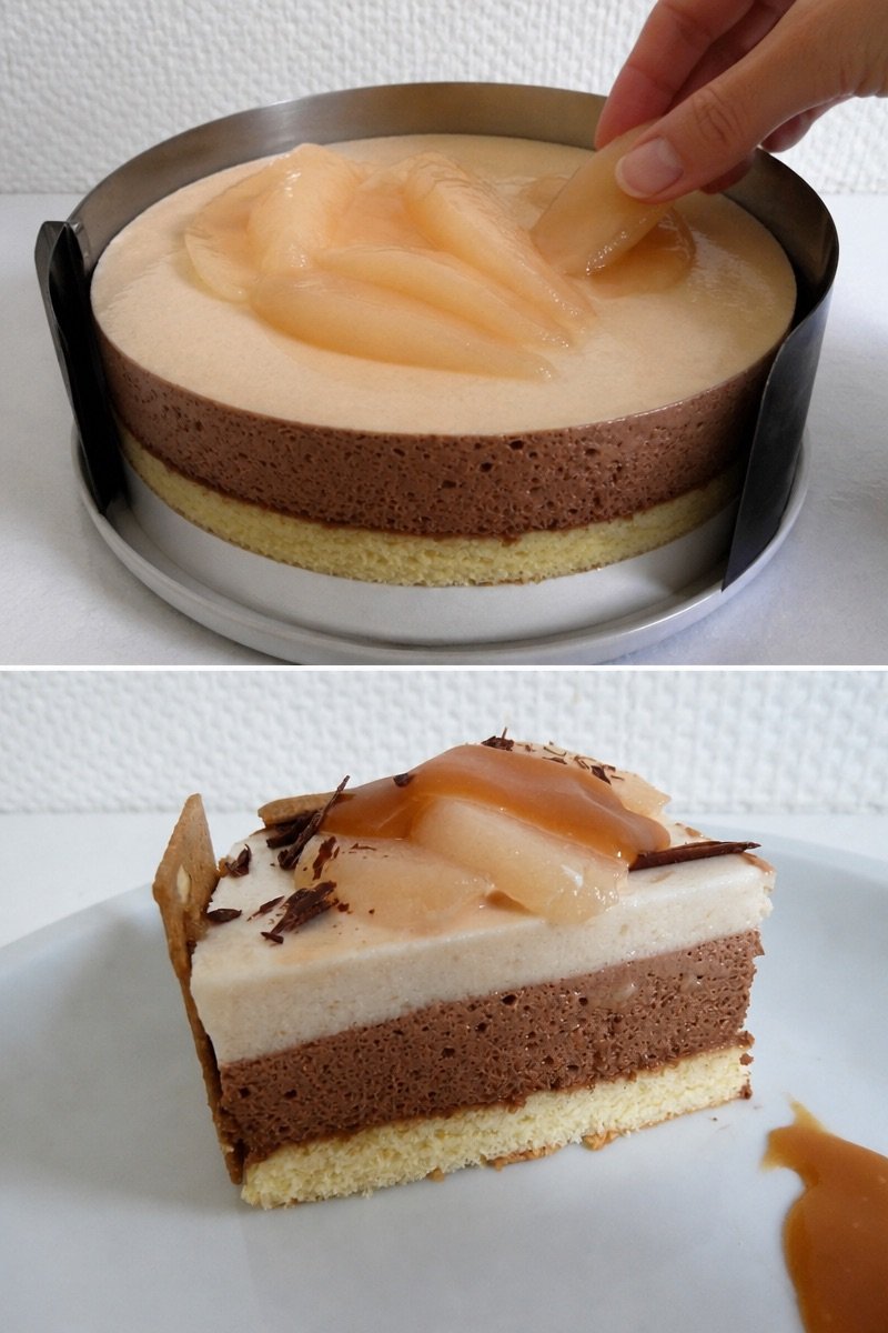 Entremets Saveurs du Nord (mousse poire, chocolat et nappage caramel)