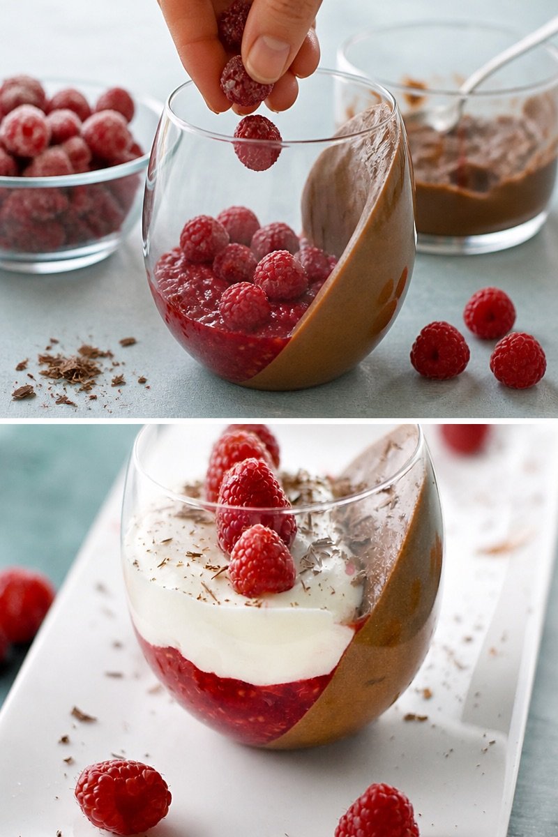 Verrine mousse aux 2 chocolats et framboises