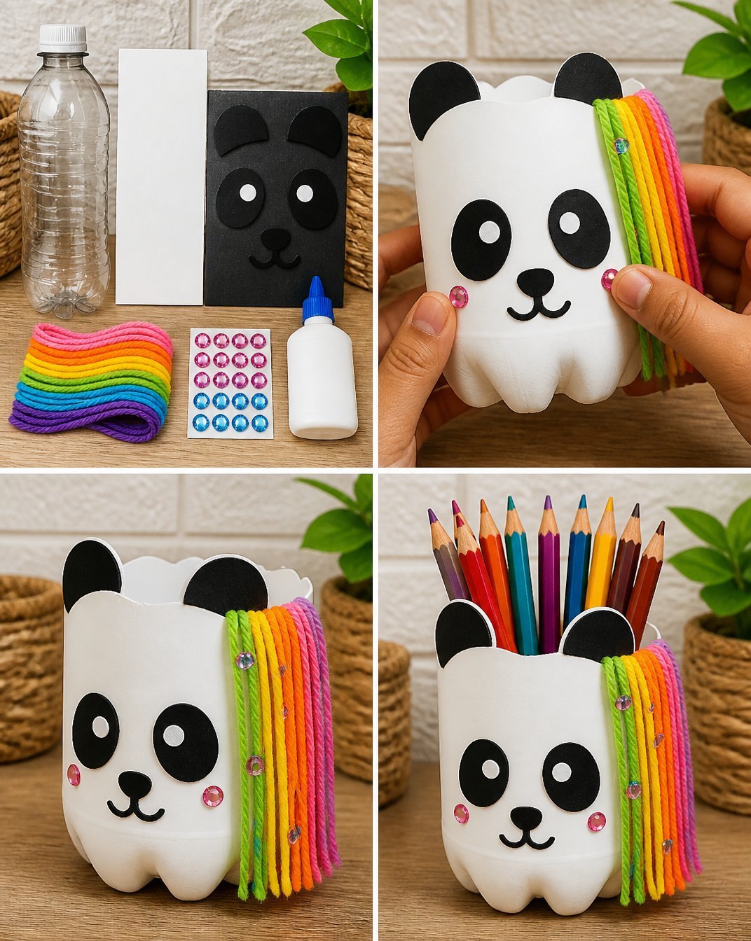 Rainbow Panda Pencil Cup from a Recycled Bottle