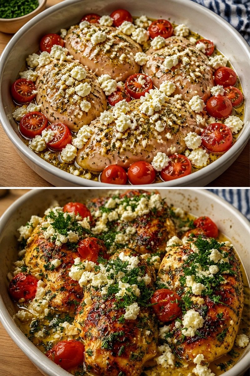 Griechisches Ofenhähnchen mit Feta, Zitrone & KnoblauchZutaten
- 4 Hähnchenbrustfilets
- 200 g Feta-Käse, zerbröckelt
- 2 Zitronen (Saft und Schale)
- 4 Knoblauchzehen, fein gehackt
- 3 EL Olive...