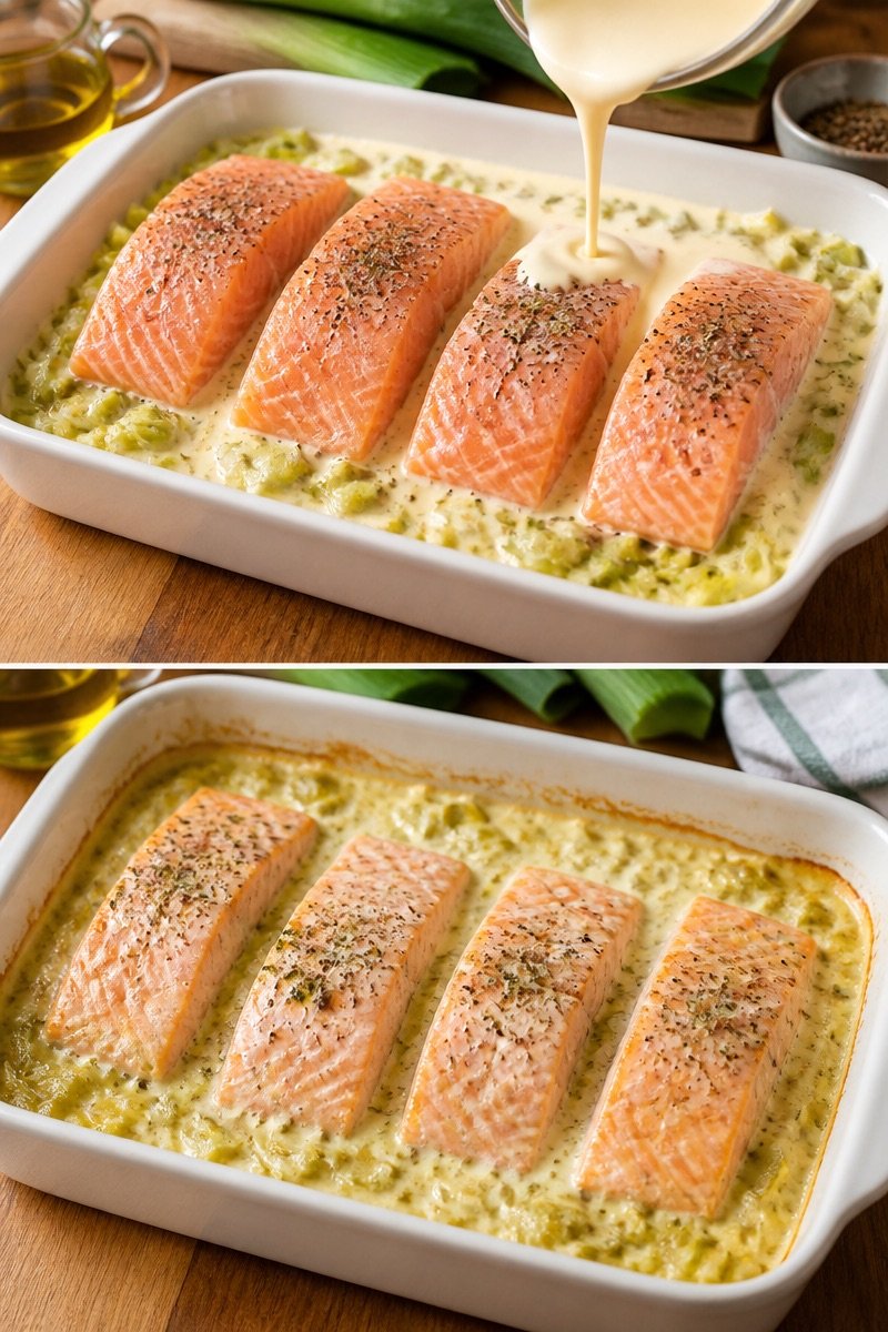 Pavé di salmone su un letto di porri