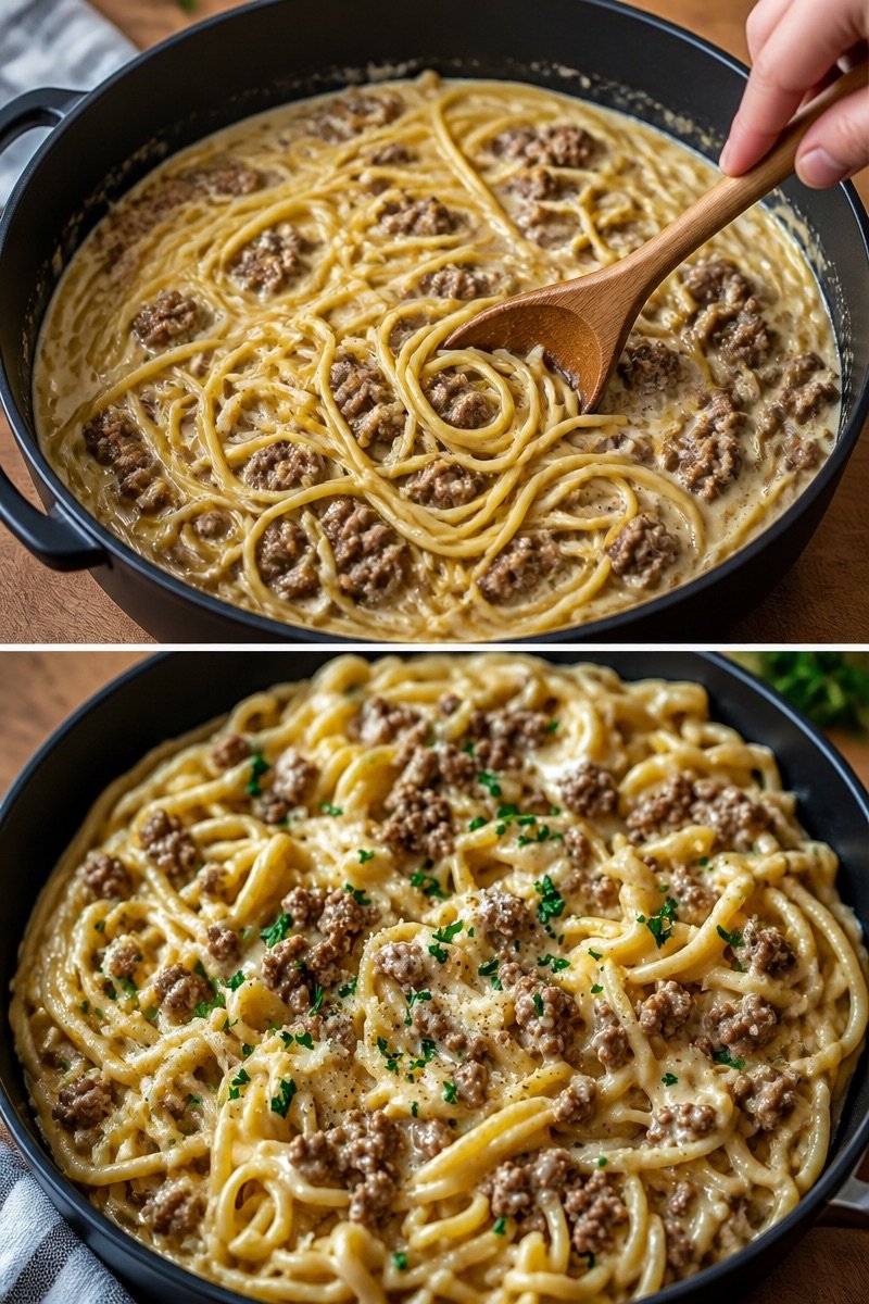 Cremige Knoblauchbutter-Pasta mit Hackfleisch aus einem TopfZutaten- 400 g Spaghetti
- 300 g Rinderhackfleisch
- 4 Knoblauchzehen, fein gehackt
- 1 Zwiebel, gewürfelt
- 200 ml Gemüsebrühe
- 200...