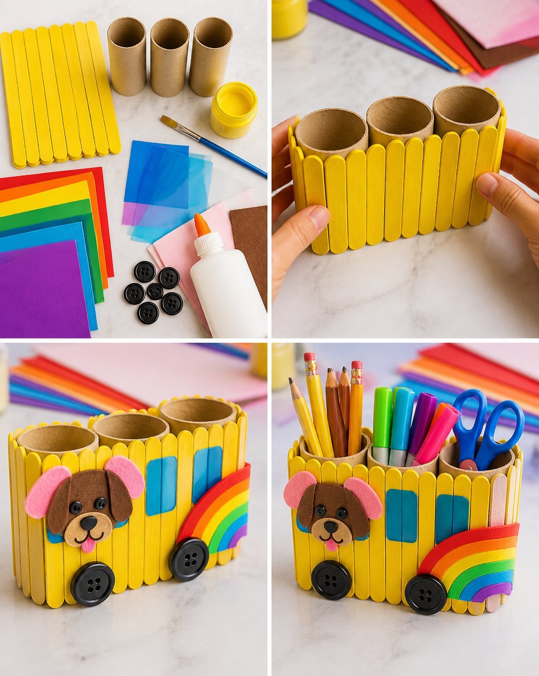 Popsicle-Stick Organizer: Rainbow Puppy School Bus Craft for Kids