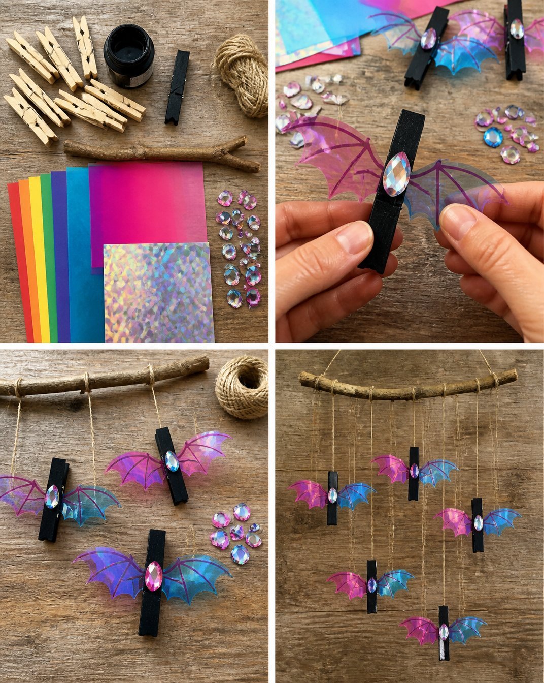 Rainbow Crystal Bat Clothespin Mobile
