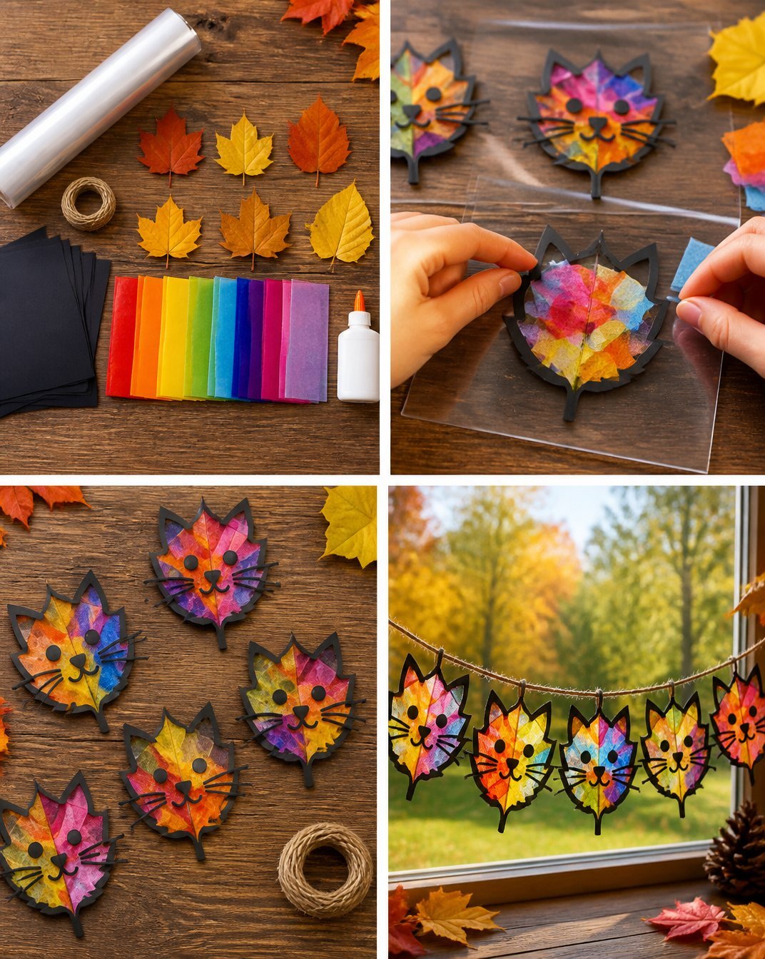 Rainbow Kitten Fall Leaf Suncatcher Garland