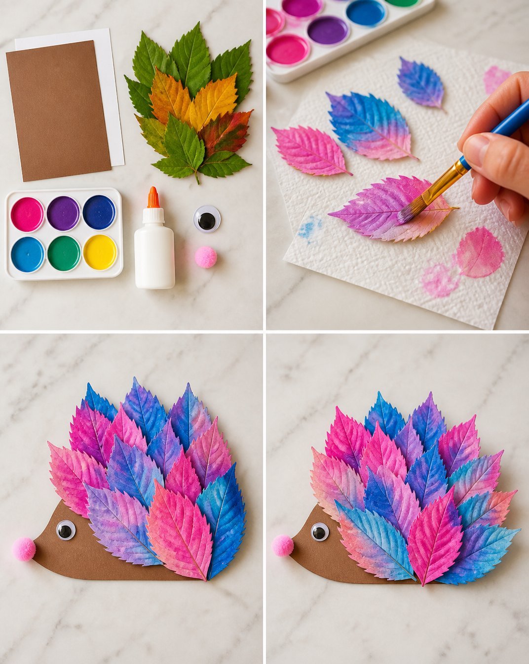 Rainbow Watercolor Leaf Hedgehog Craft for Kids