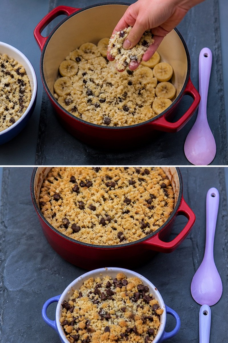 Crumble con pezzi di cioccolato e banana