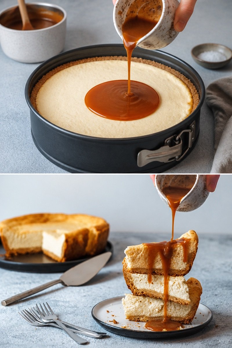 Cheesecake et sa sauce caramel au beurre salé