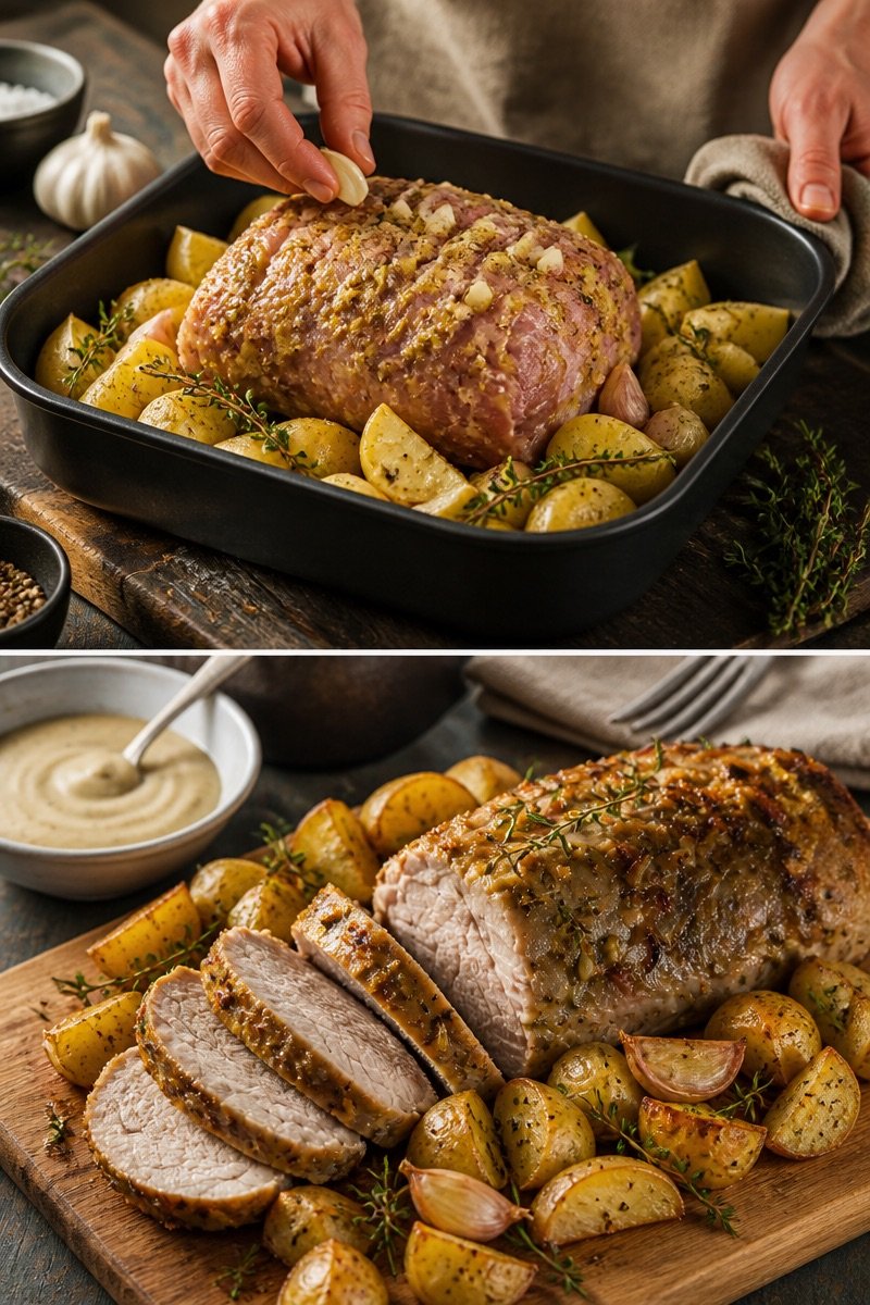 Rôti de porc à l'ail et au thym, rattes au four