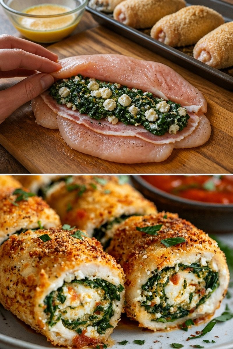 Spinat-Feta-HähnchenrollenZutaten
- 4 Hähnchenbrustfilets
- 200 g frischer Spinat
- 150 g Feta-Käse, zerbröselt
- 2 Knoblauchzehen, fein gehackt
- 1 Zwiebel, gewürfelt
- 2 EL Olivenöl
- 1 TL g...