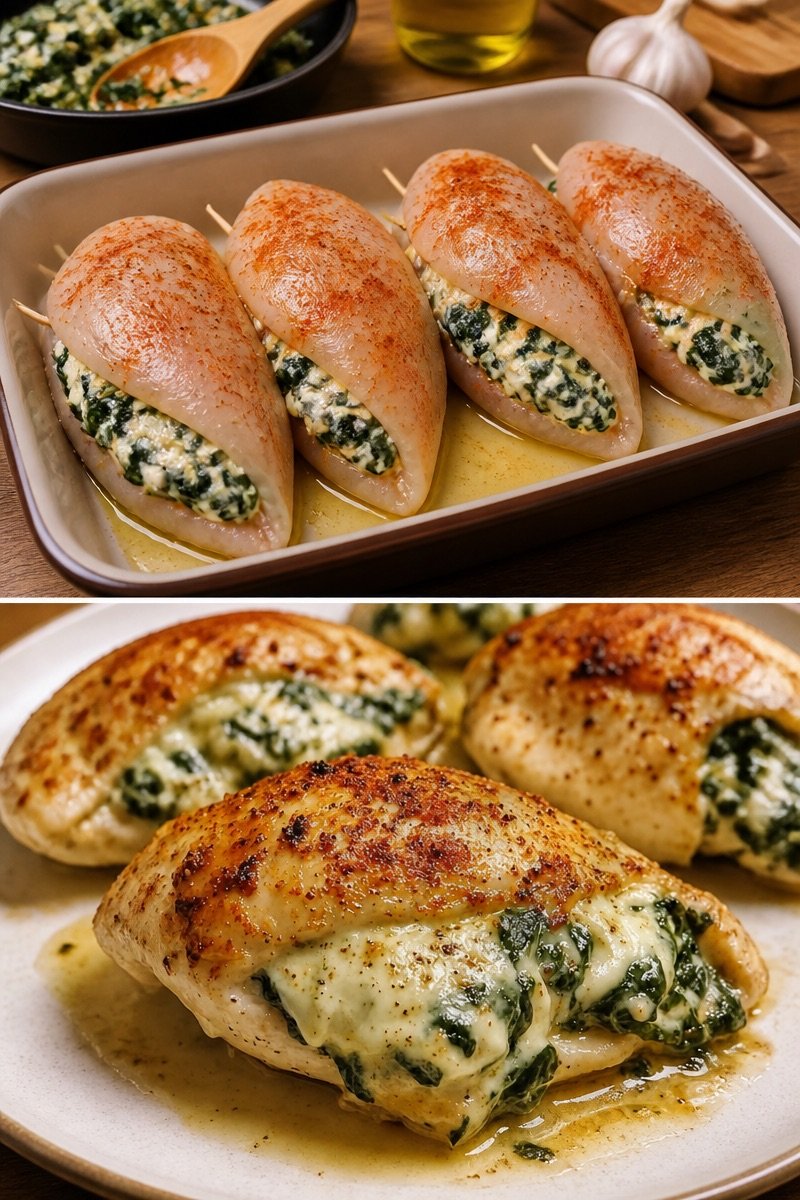 Hähnchenbrust gefüllt mit Spinat und KäseZutaten- 4 Hähnchenbrustfilets
- 200 g frischer Spinat
- 150 g Frischkäse
- 100 g geriebener Mozzarella
- 2 Knoblauchzehen, gehackt
- 1 Zwiebel, gewü...