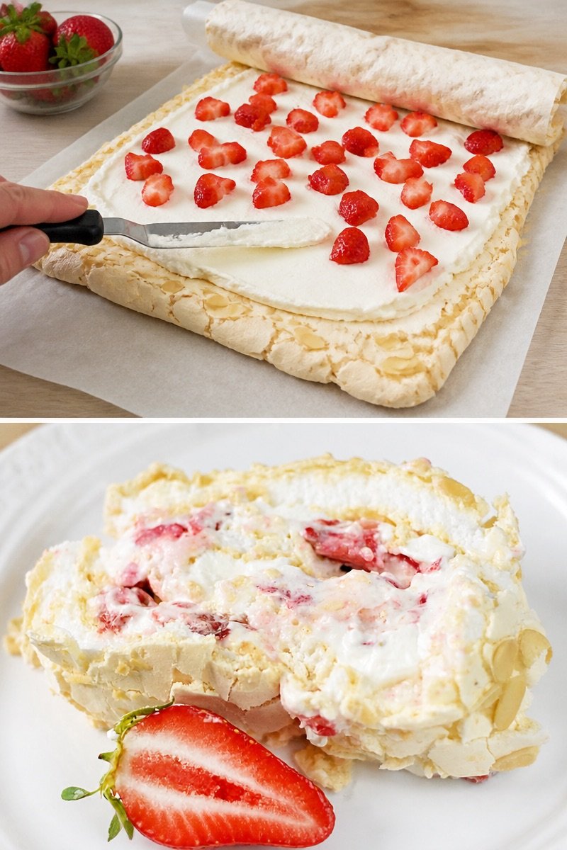 Meringue roulée aux fraises et aux amandes