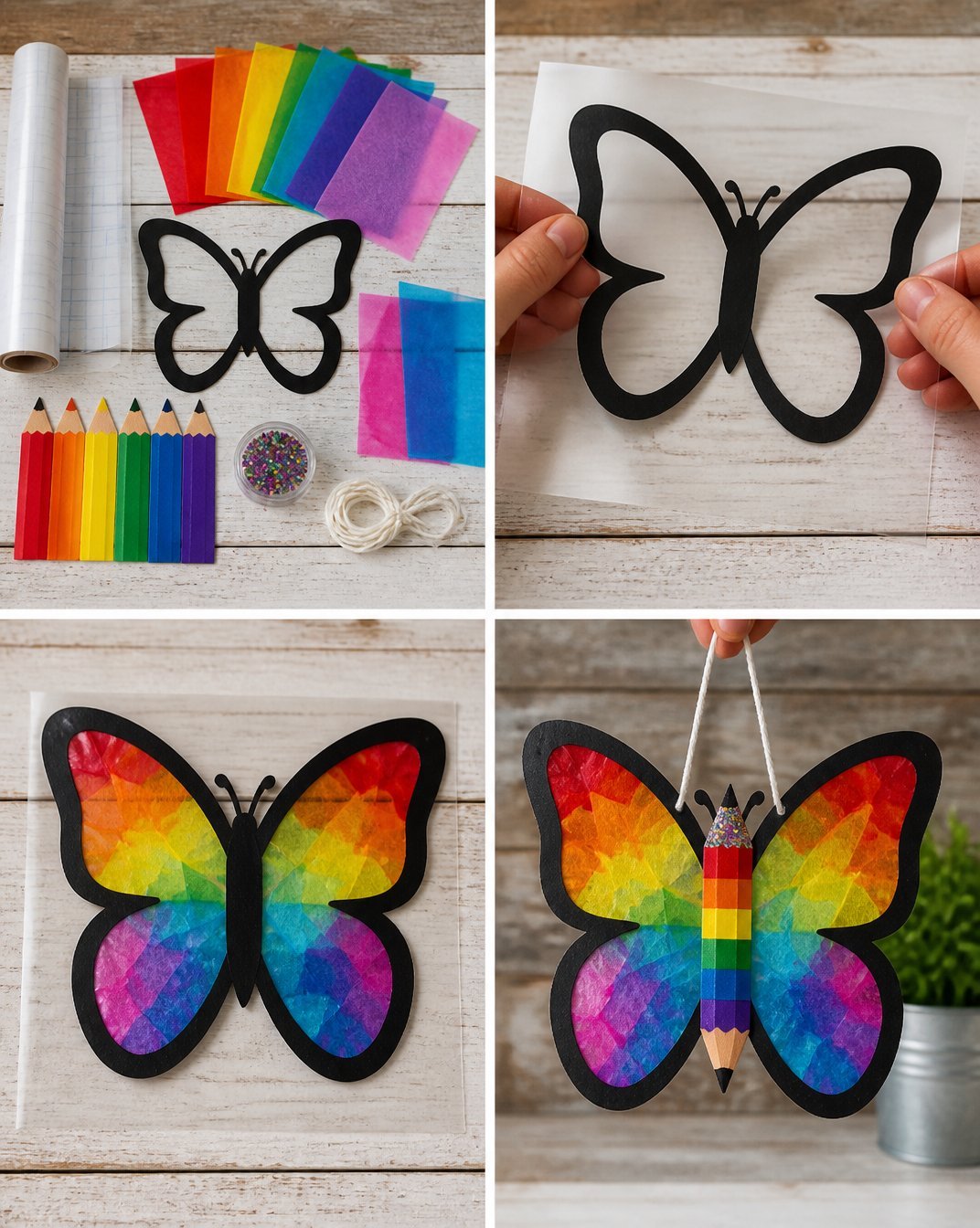 First-Day Rainbow Pencil Butterfly Suncatcher