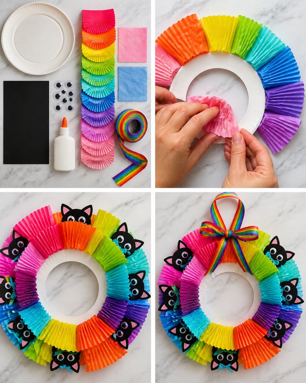 Rainbow Kitten Cupcake-Liner Wreath for Halloween Kids Craft