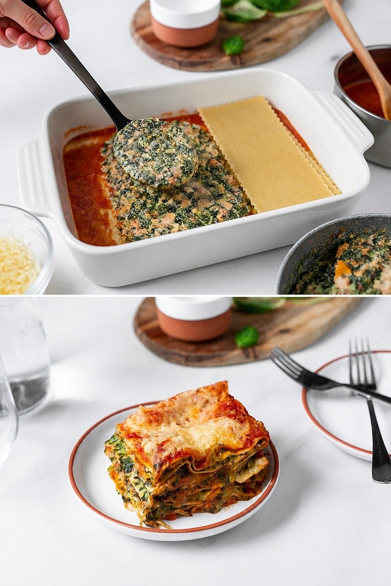 Vegetarische Spinat-Gemüse-Lasagne mit Tomatensoße