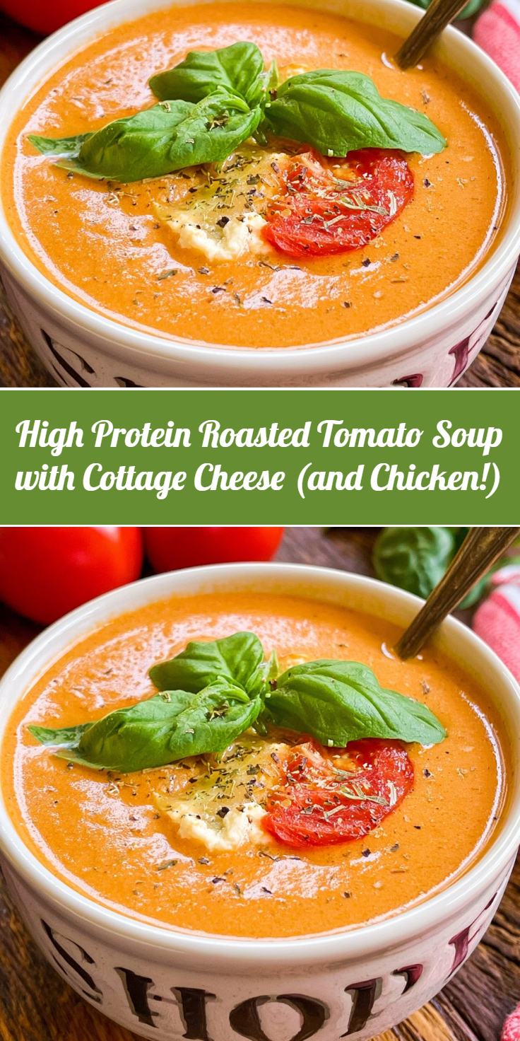 High Protein Roasted Tomato Soup with Cottage Cheese (and Chicken!)