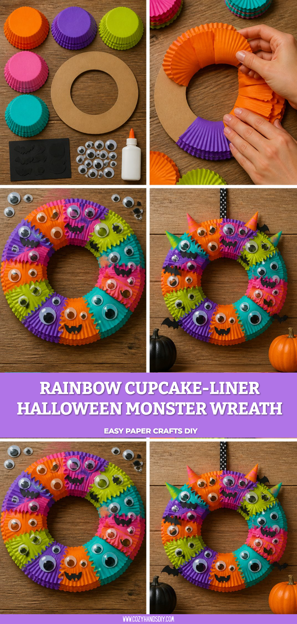 Rainbow Cupcake-Liner Halloween Monster Wreath 6 Rainbow Cupcake-Liner Halloween Monster Wreath