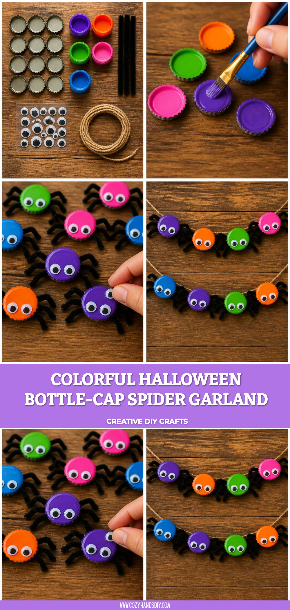 Colorful Halloween Bottle-Cap Spider Garland