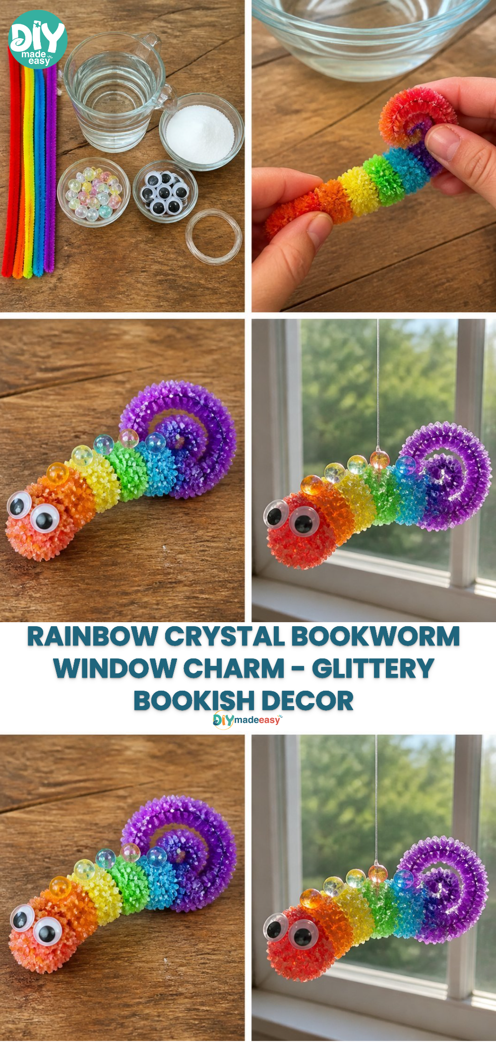 Rainbow Crystal Bookworm Window Charm - Glittery Bookish Decor 23 Rainbow Crystal Bookworm Window Charm - Glittery Bookish Decor