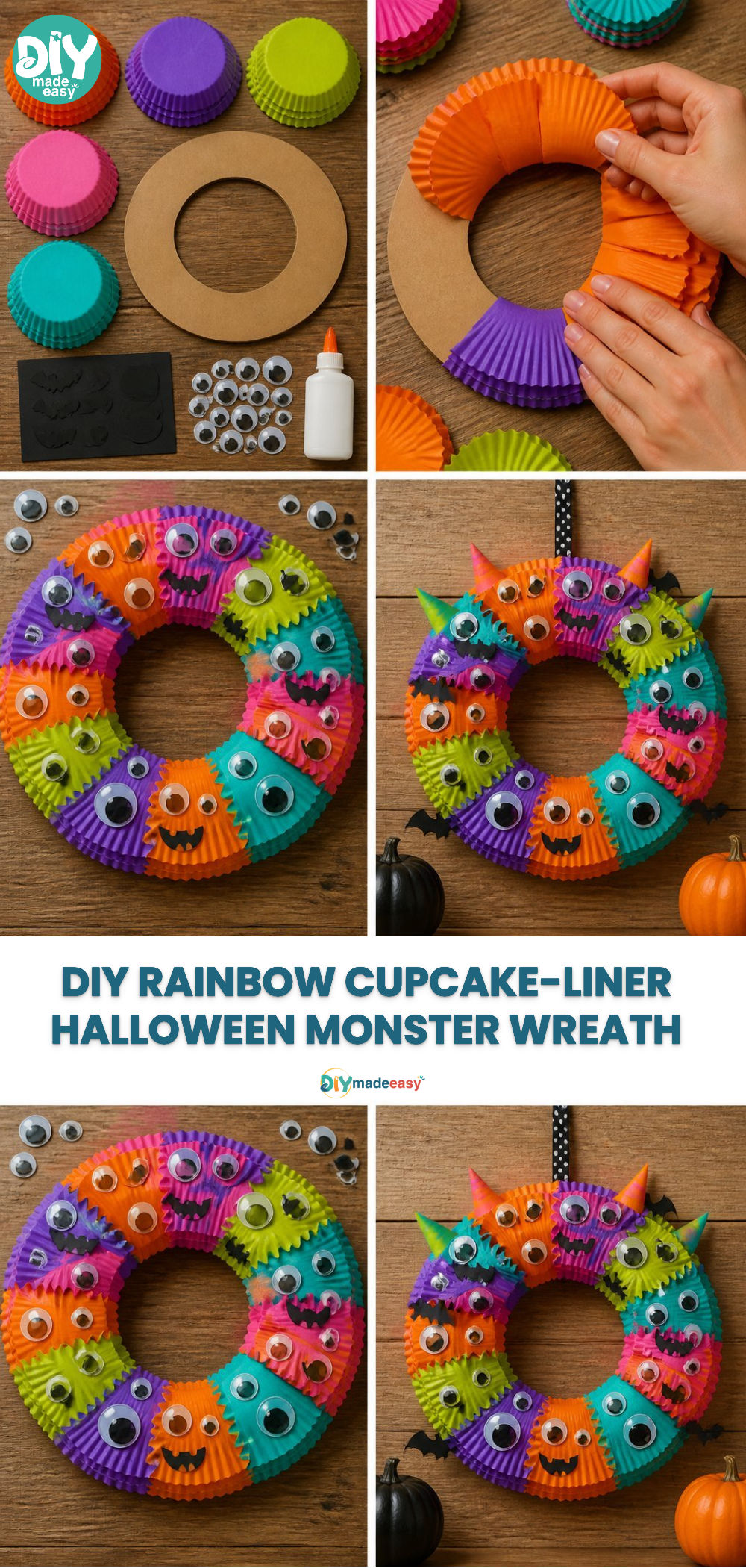 DIY Rainbow Cupcake-Liner Halloween Monster Wreath 20 DIY Rainbow Cupcake-Liner Halloween Monster Wreath