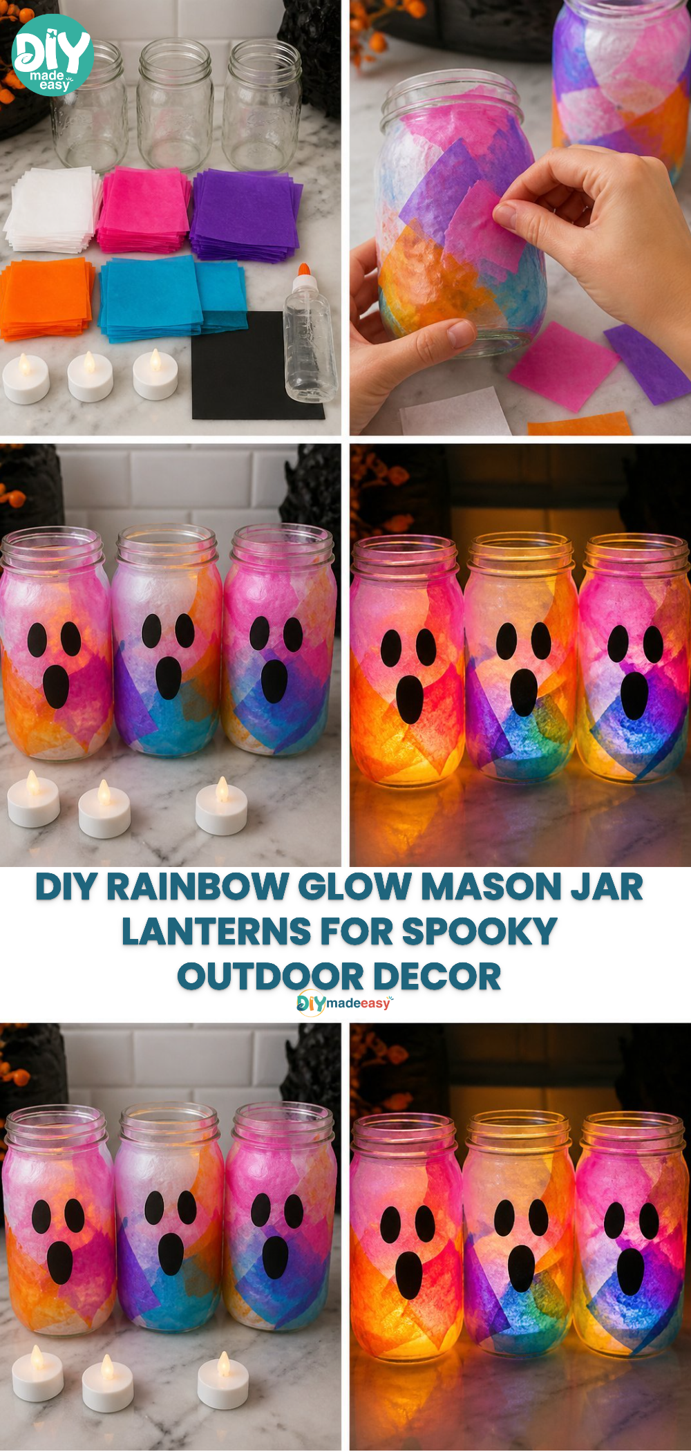 DIY Rainbow Glow Mason Jar Lanterns for Spooky Outdoor Decor