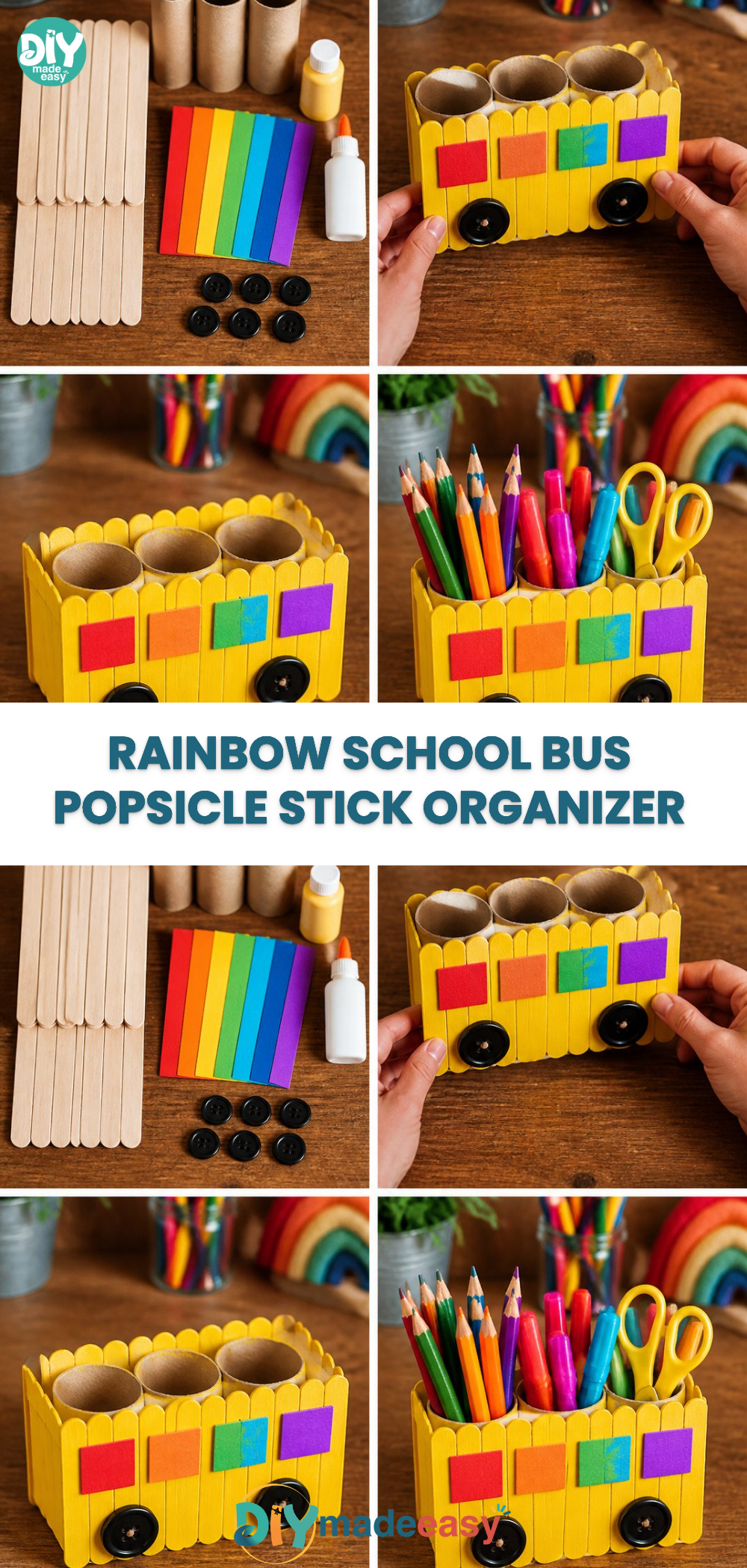 Rainbow School Bus Popsicle Stick Organizer