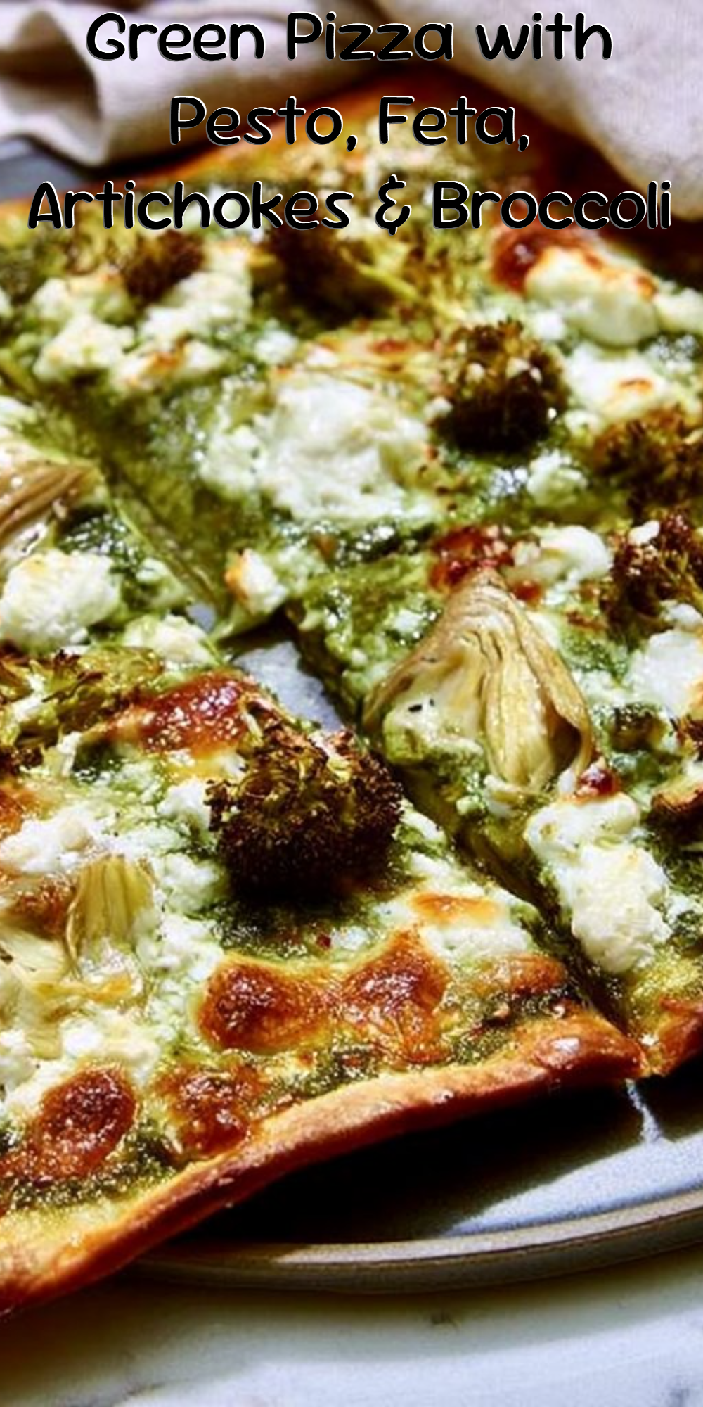 Green Pizza with Pesto, Feta, Artichokes & Broccoli