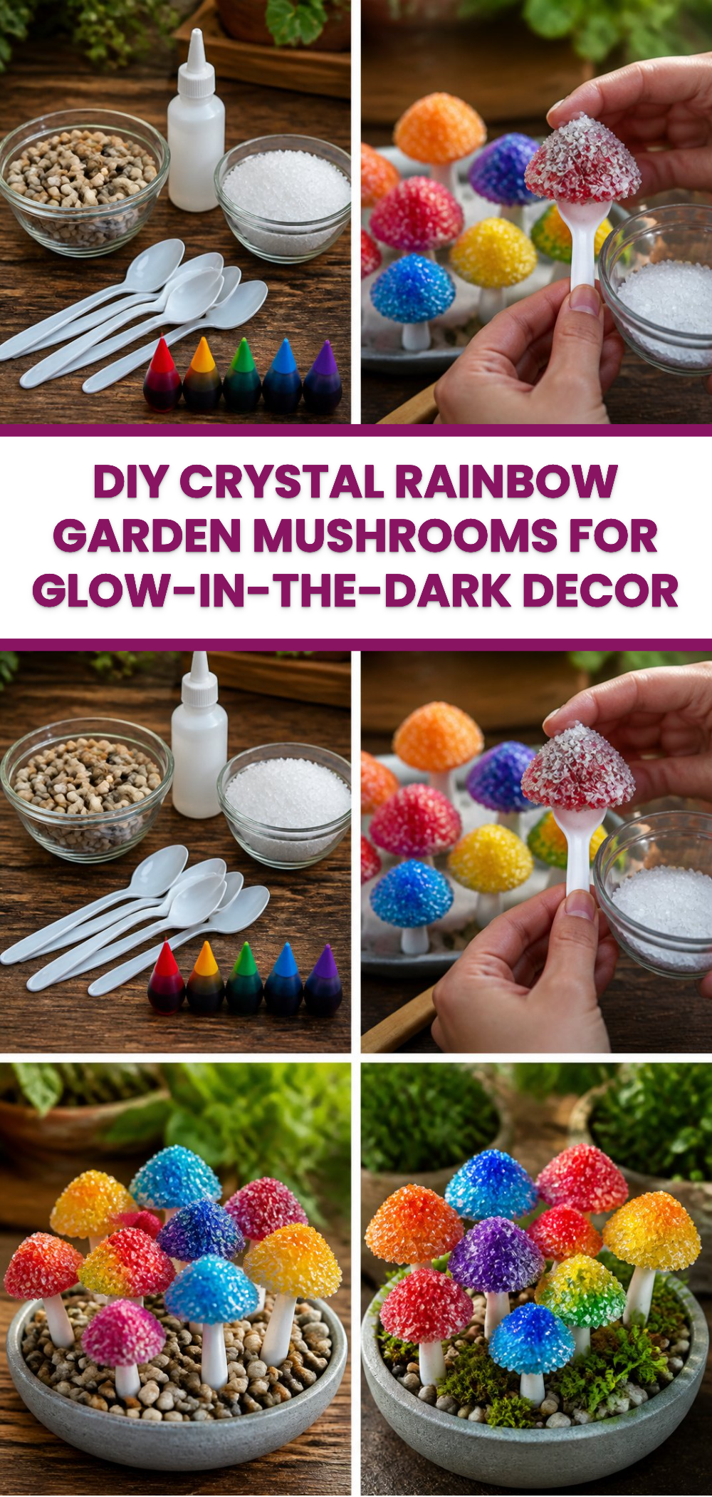 DIY Crystal Rainbow Garden Mushrooms For Glow-In-The-Dark Decor 3 DIY Crystal Rainbow Garden Mushrooms For Glow-In-The-Dark Decor