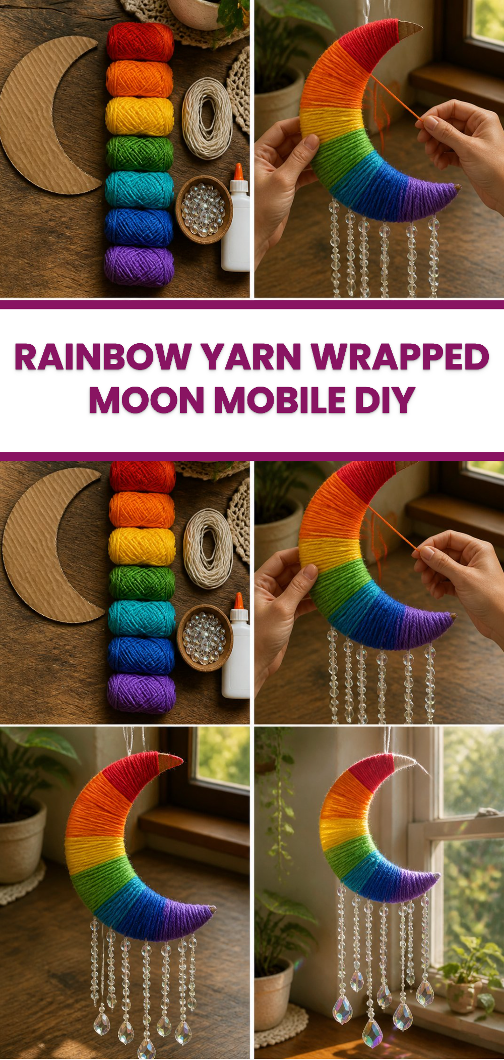 Rainbow Yarn Wrapped Moon Mobile DIY 3 Rainbow Yarn Wrapped Moon Mobile DIY
