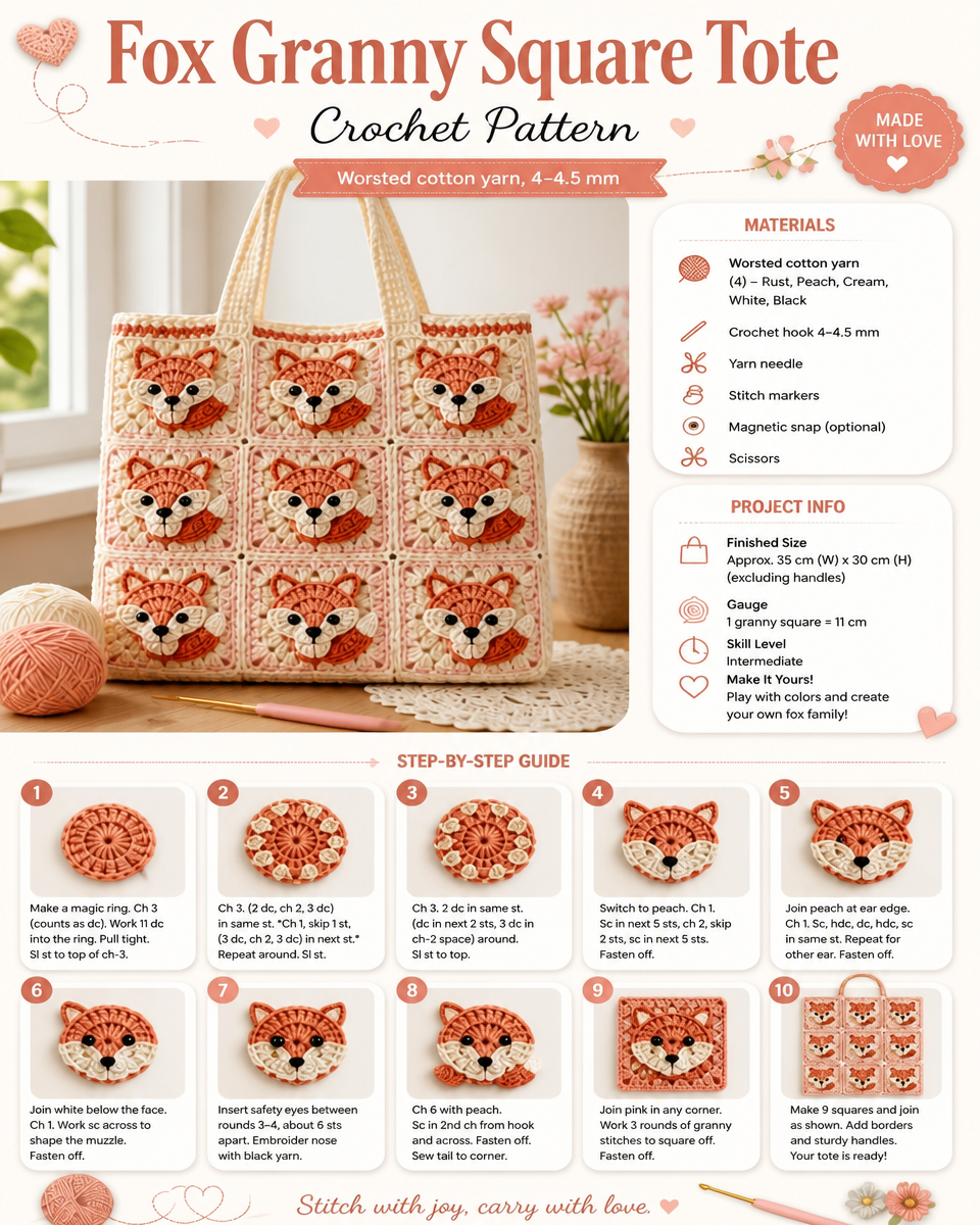 Fox-Themed Granny Square Tote Crochet Pattern
