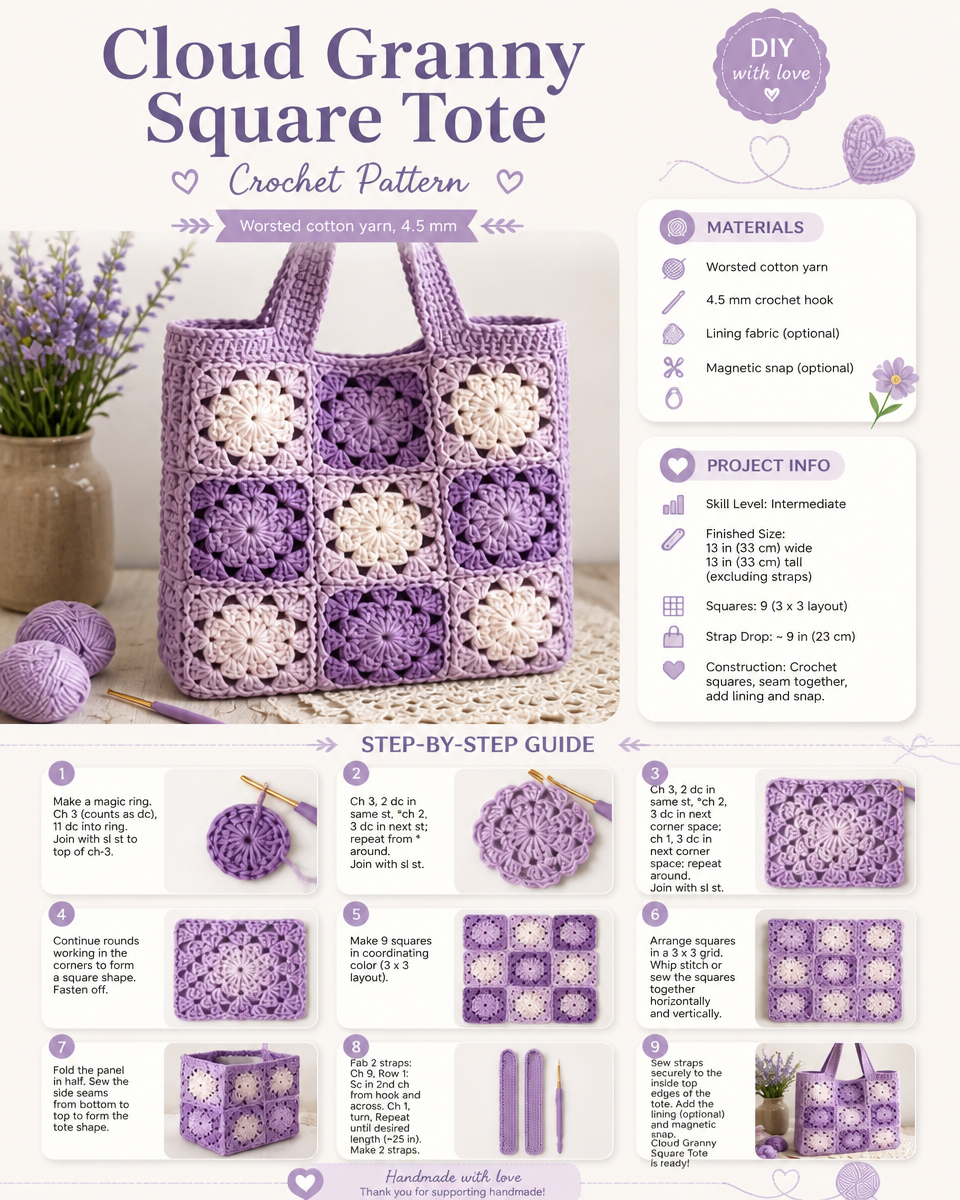 Crochet Cloud Tote Bag: Granny Square Pattern