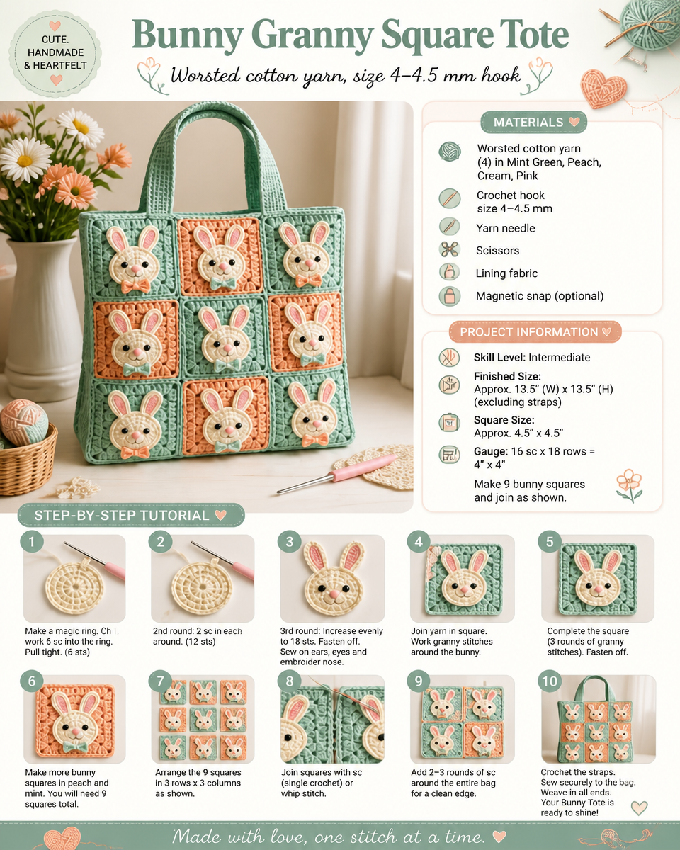 Bunny-Themed Granny Square Tote Bag Crochet Pattern