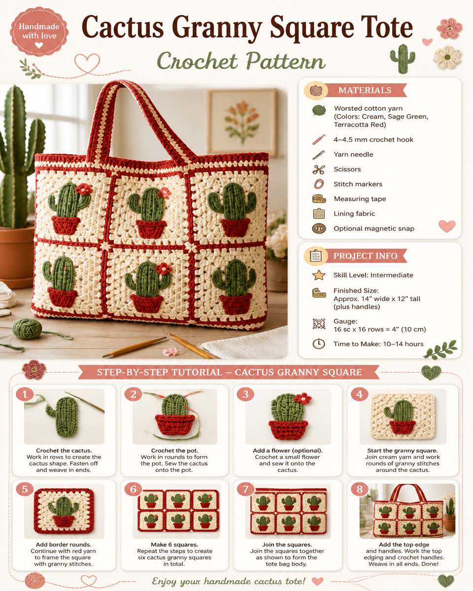 Cactus-Inspired Granny Square Tote Bag Crochet Pattern